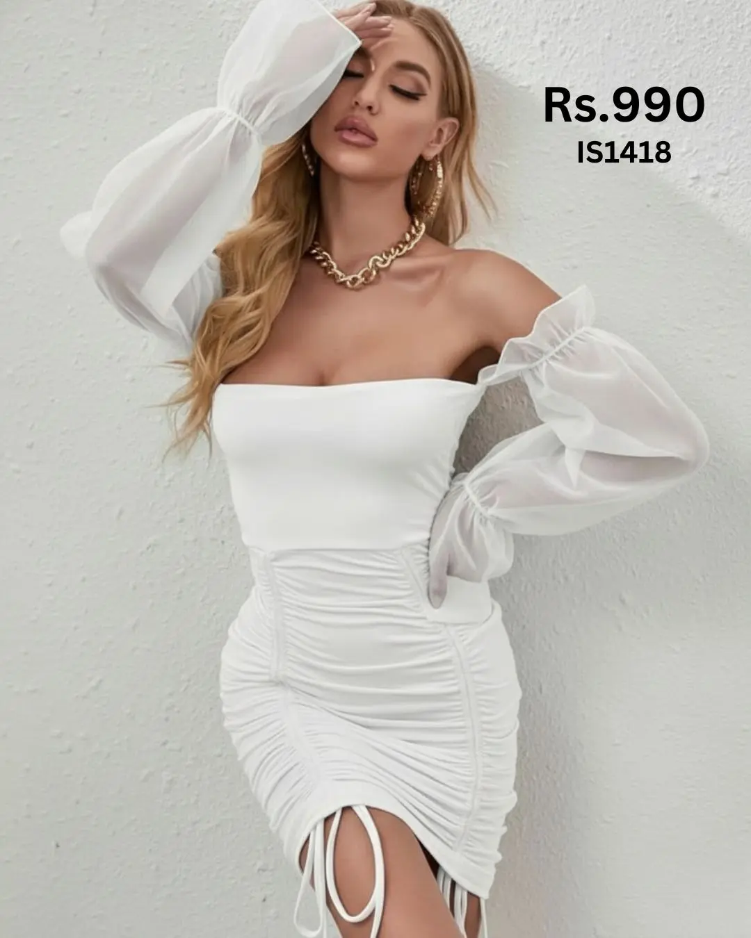 White Mesh Sleeve Dress