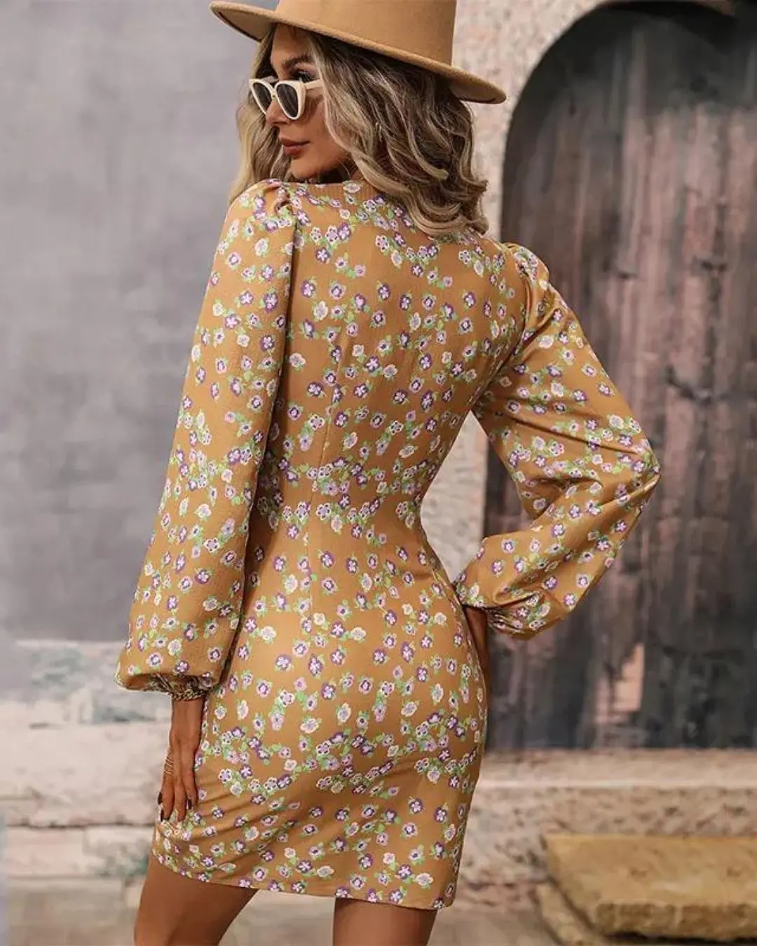 V Neck Lantern Sleeve Floral Dress