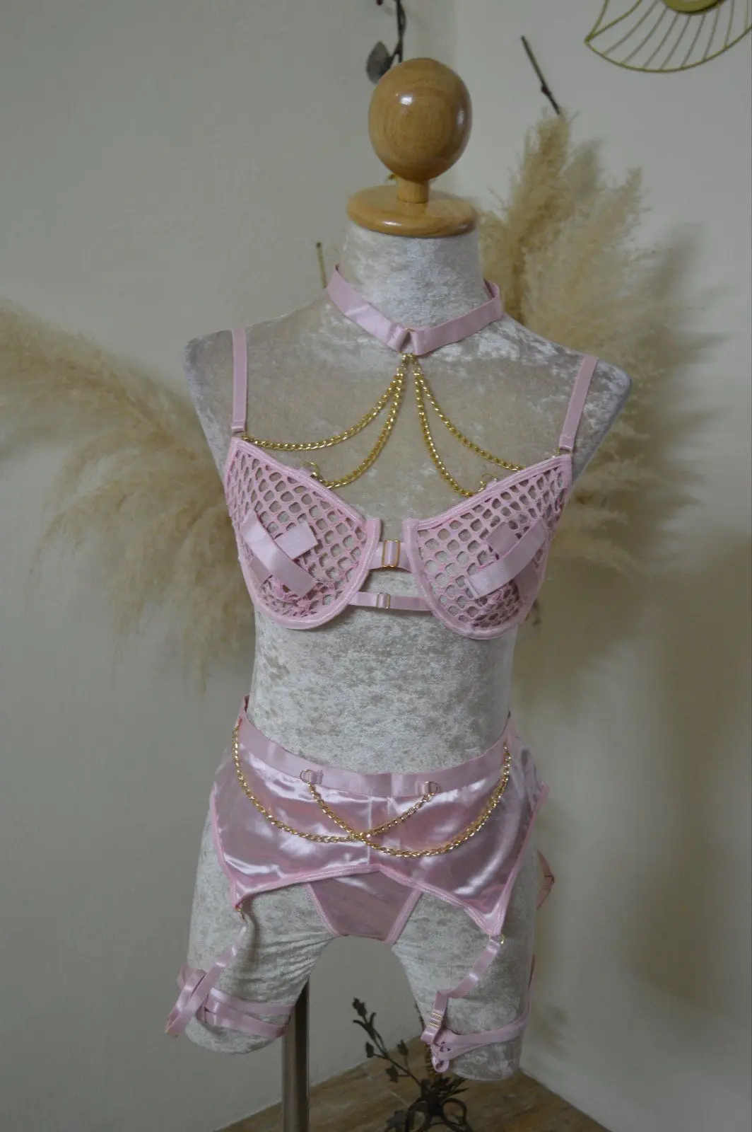 Pink Sexy Fishnet Lingerie Set