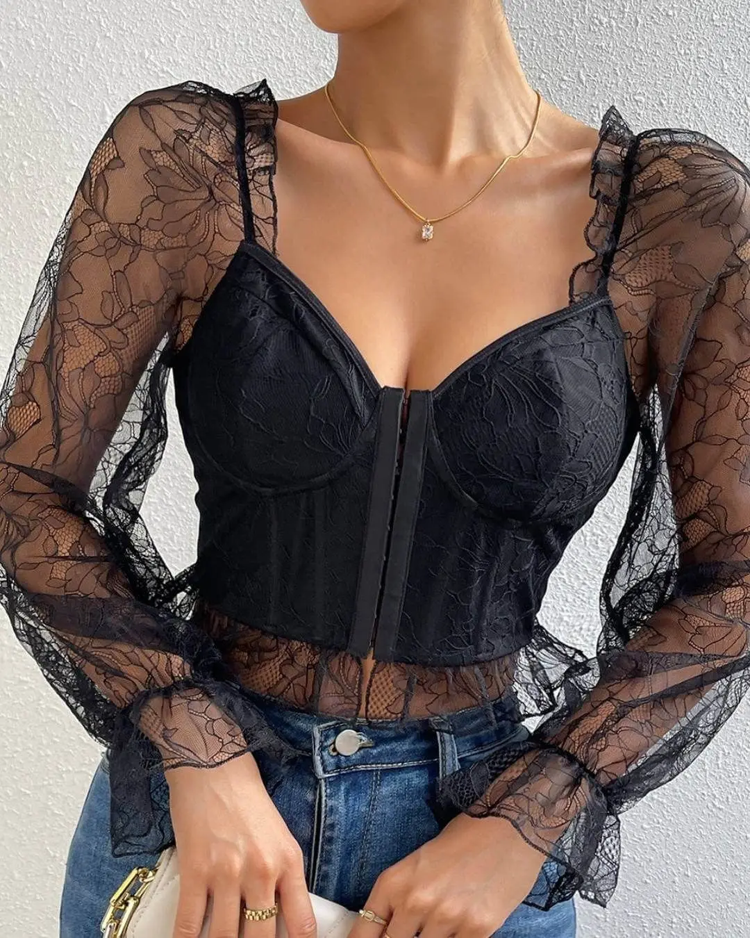 Lace Puff Long Sleeve Blouse