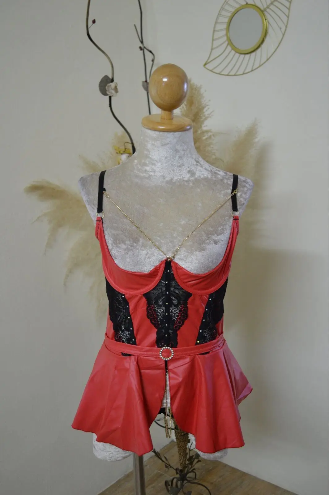 Red PU & Gold Chain Lingerie Suit