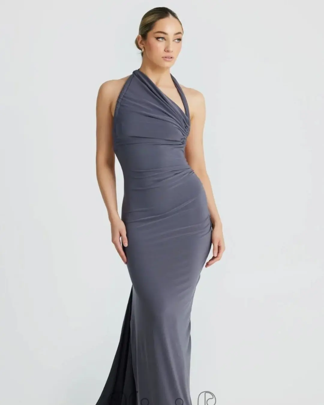 Halter Solid Ruched Backless Dress