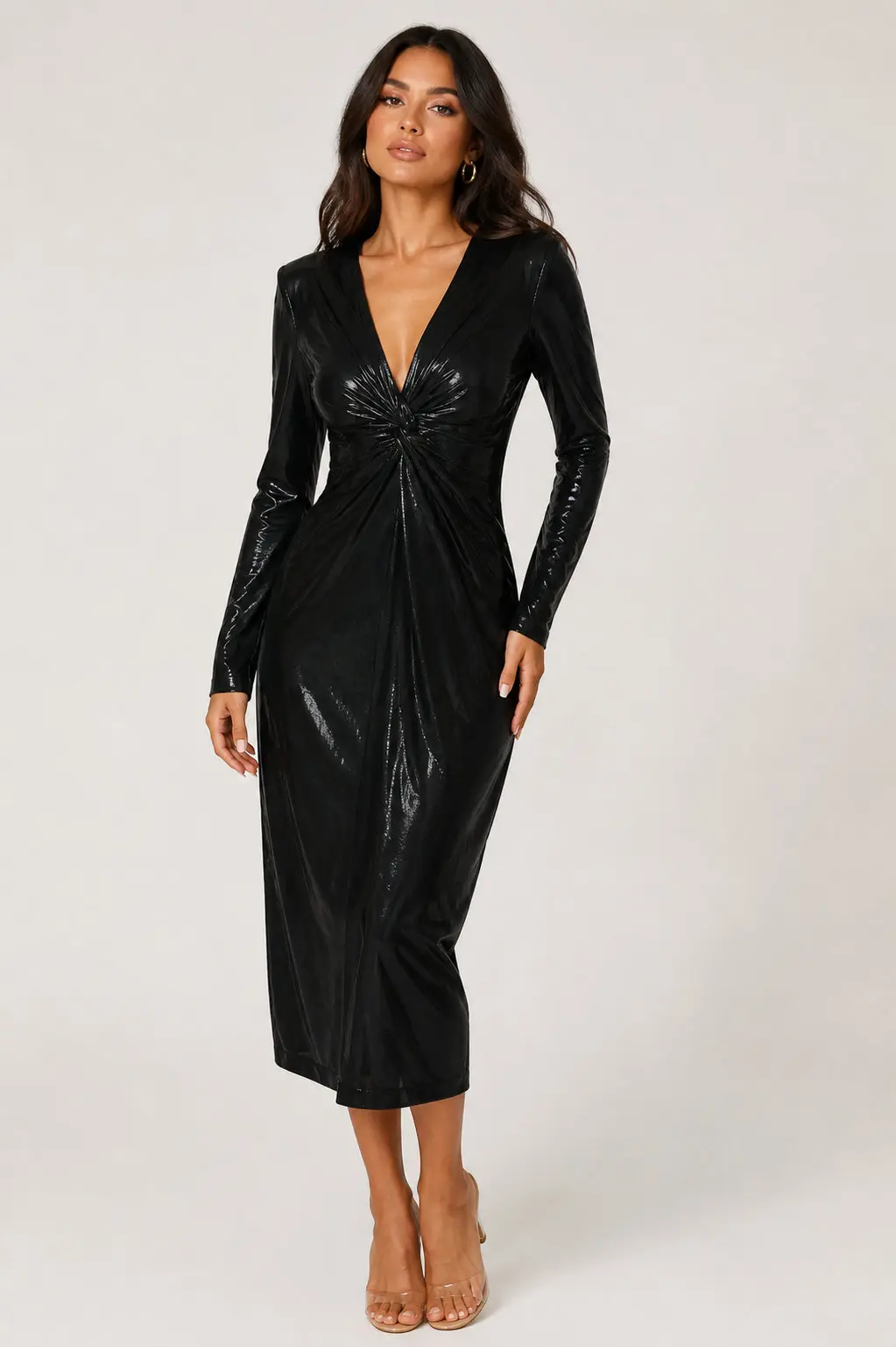 Bodycon V Neck Midi Dress Pleated Dress