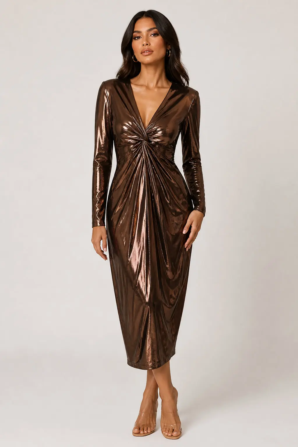 Bodycon V Neck Midi Dress Pleated Dress