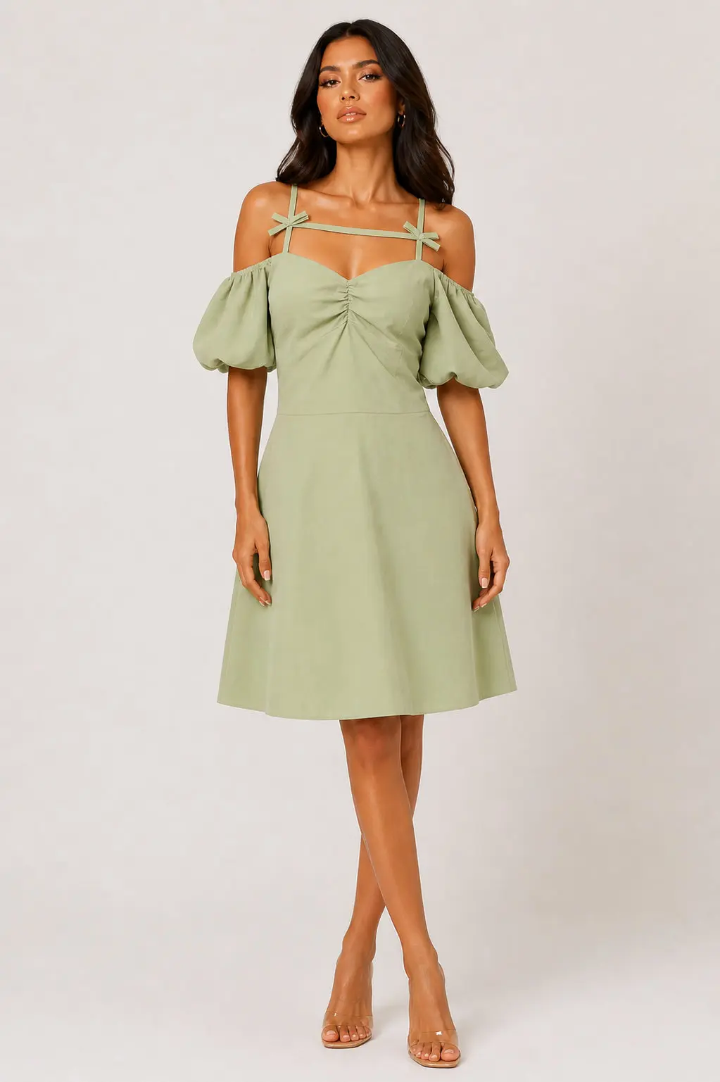 Sweet Bow Strap Off Shoulder Bubble Sleeves Dress