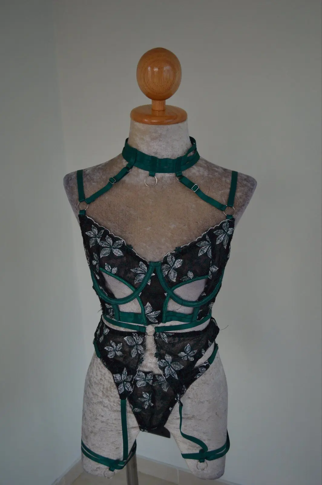 Black & Green Floral Lingerie Set