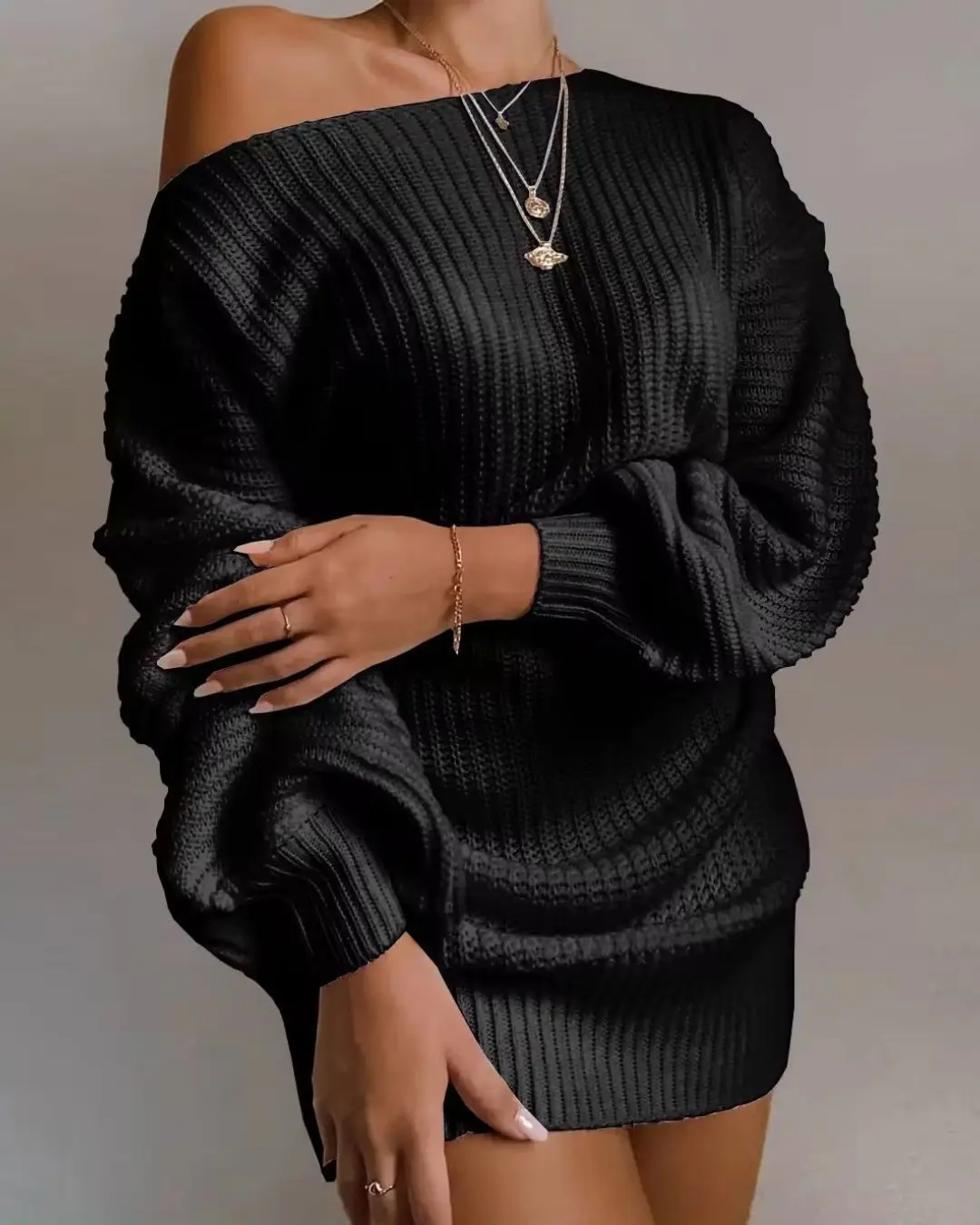 Off Shoulder Lantern Sleeves Long Sleeve Knitted Woolen Dress