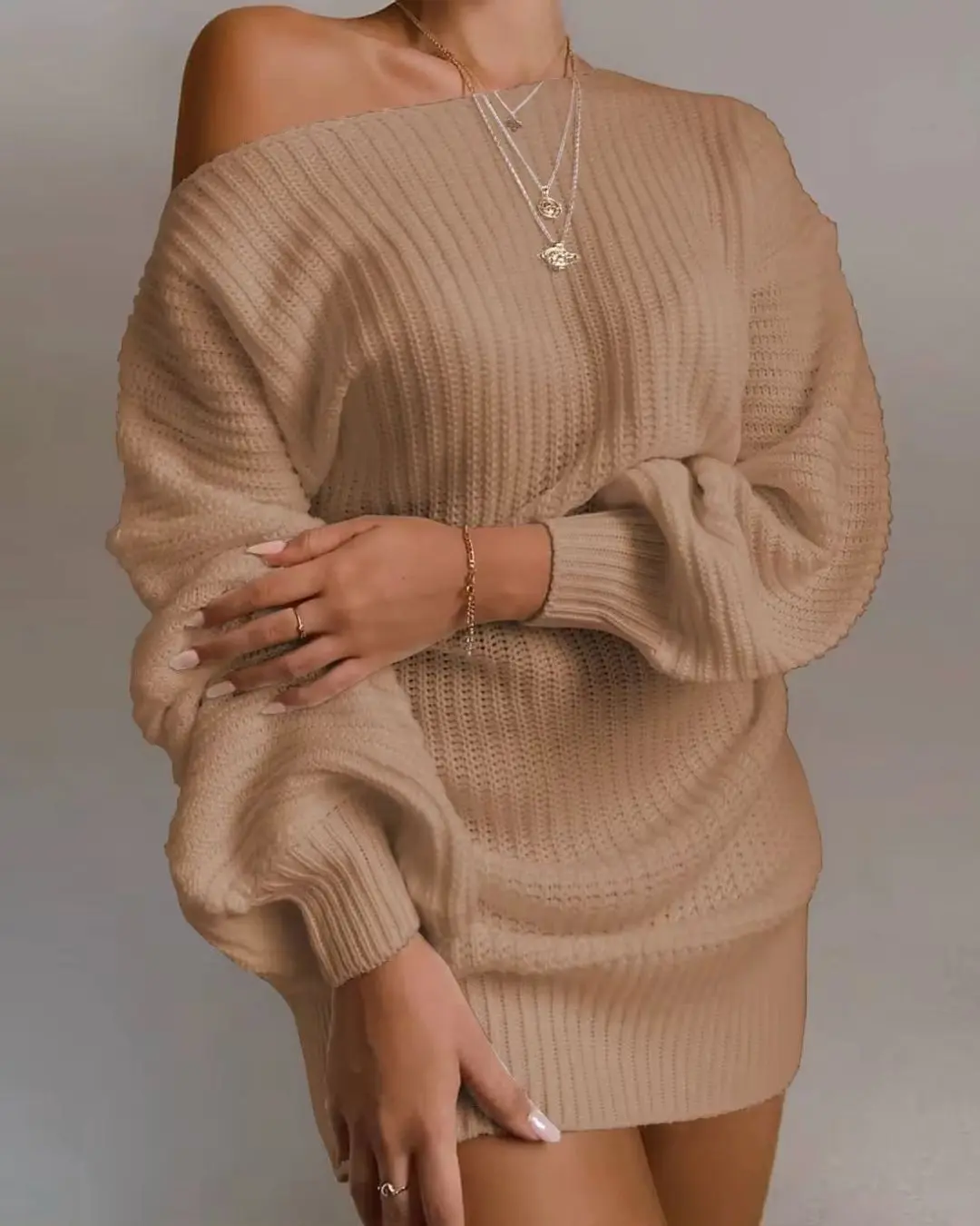 Off Shoulder Lantern Sleeves Long Sleeve Knitted Woolen Dress