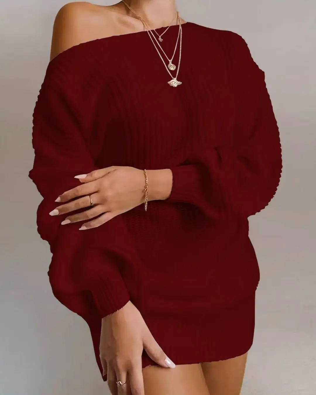 Off Shoulder Lantern Sleeves Long Sleeve Knitted Woolen Dress