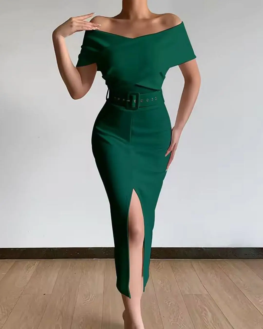 Off-shoulder Belt Split Skirt Evening Dress