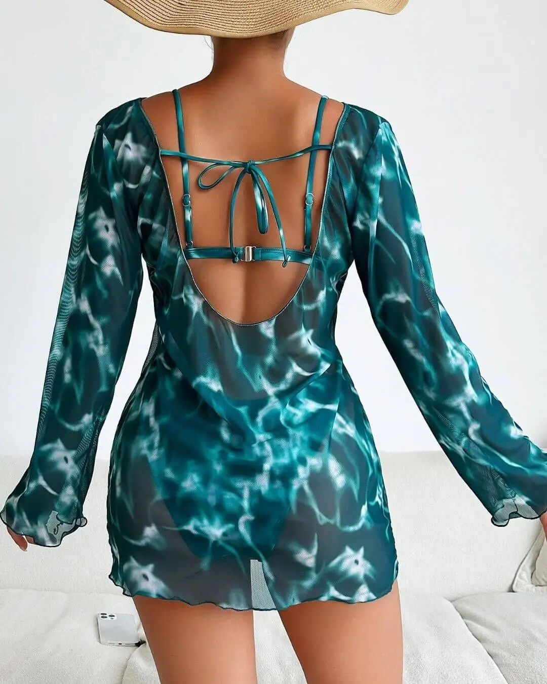 Long Sleeve Mesh Cover Up 3 Piece Swimsuits