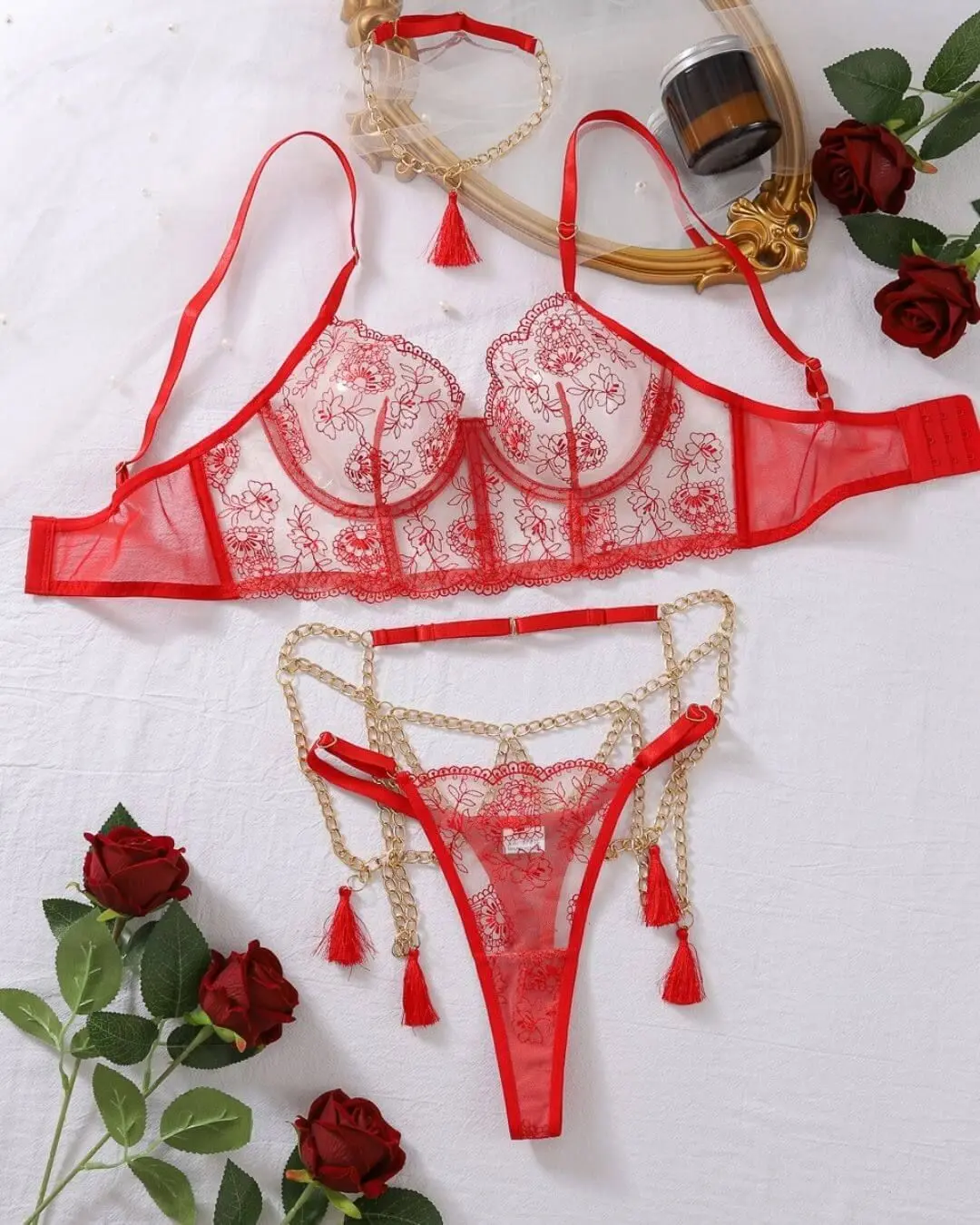 Red Lace Set with Tassels and Chains