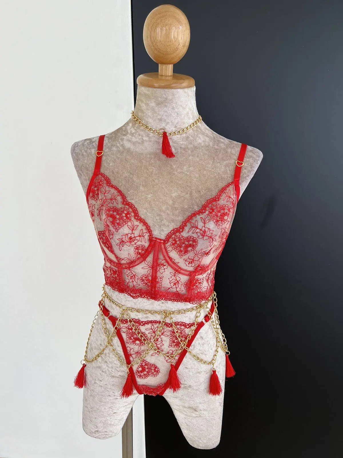Red Lace Set with Tassels and Chains