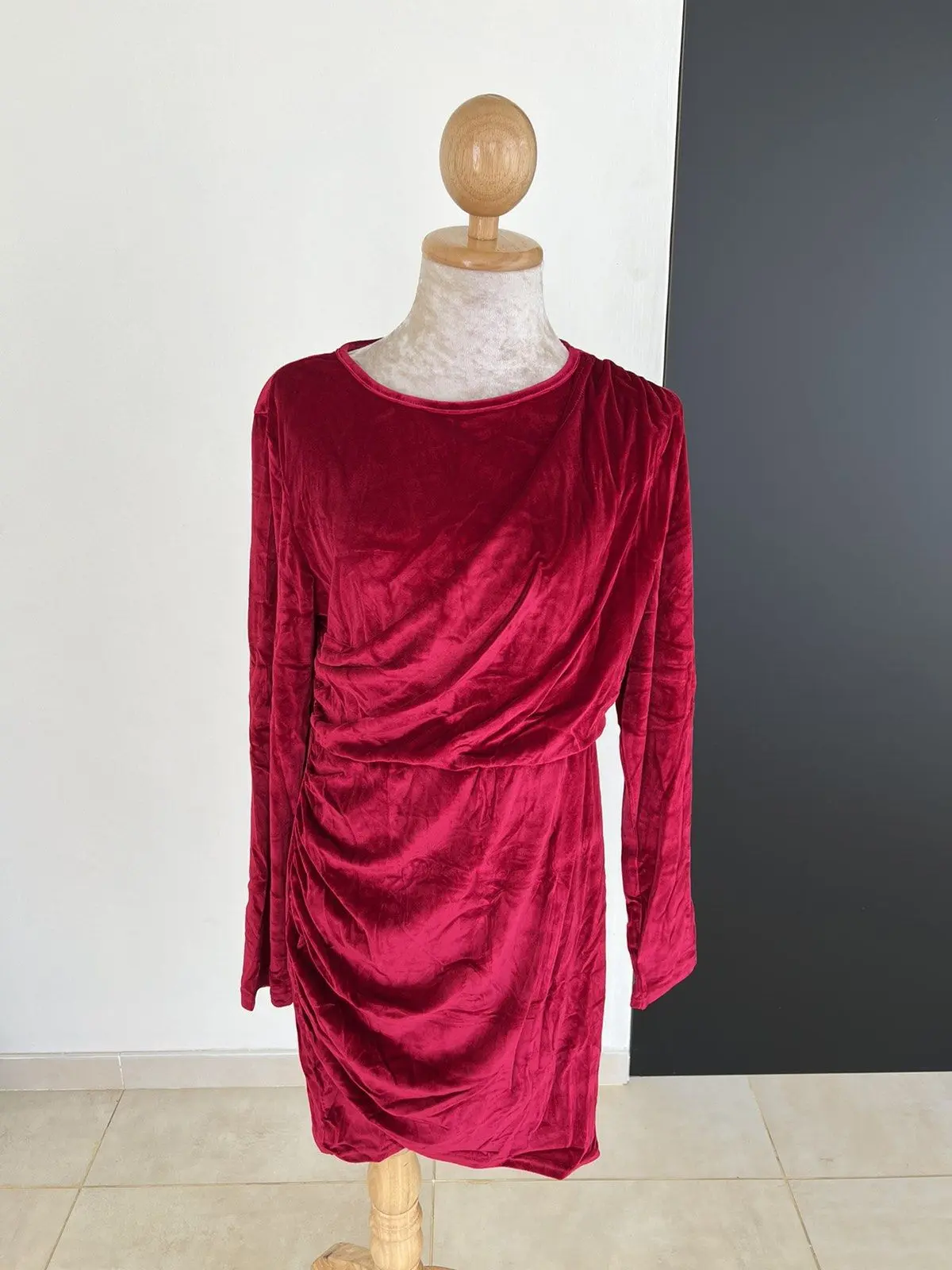 Velvet Long-Sleeve Ruched Mini Dress