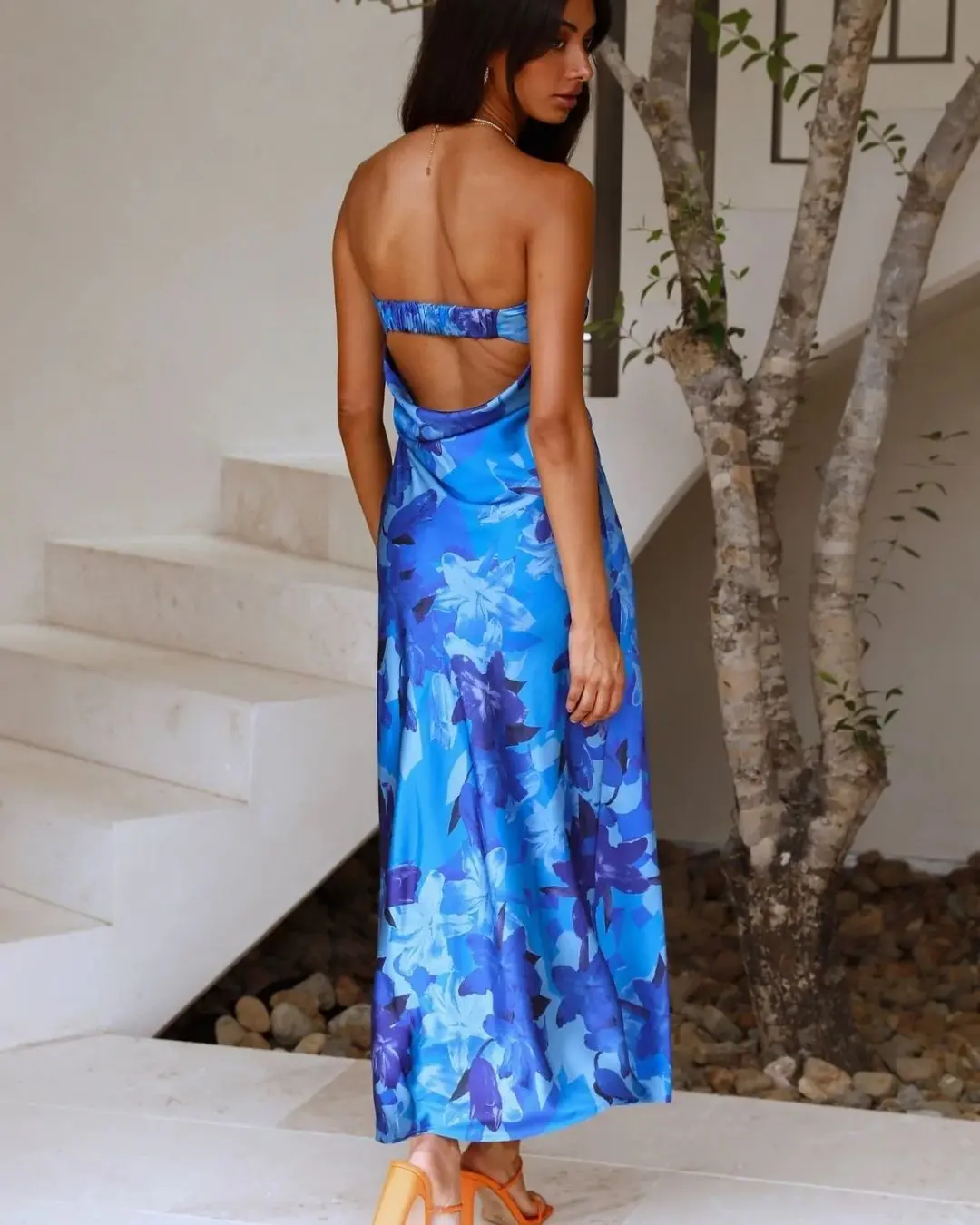 Floral Strapless Satin Midi Dress