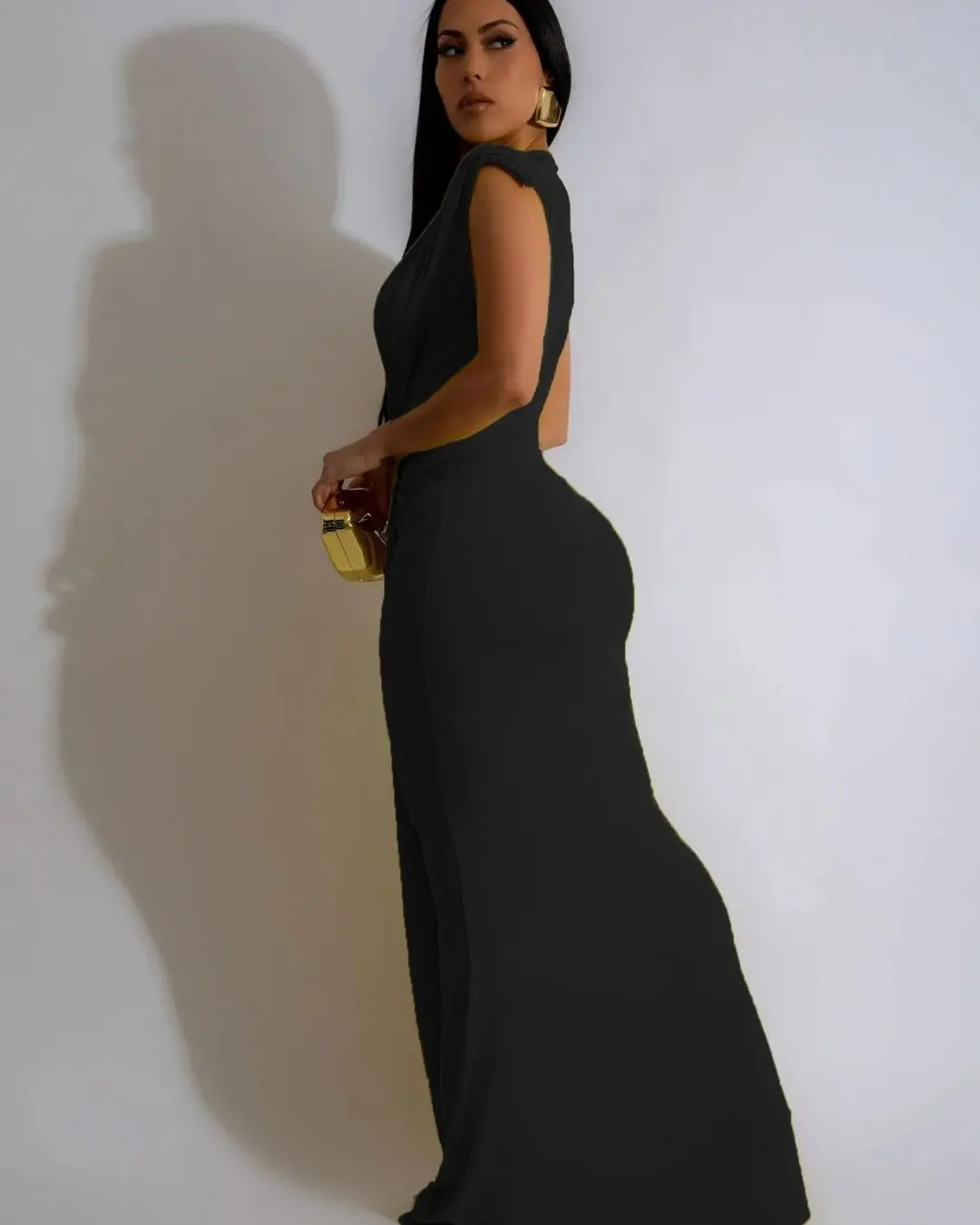 Deep V-Neck Draped Evening Gown