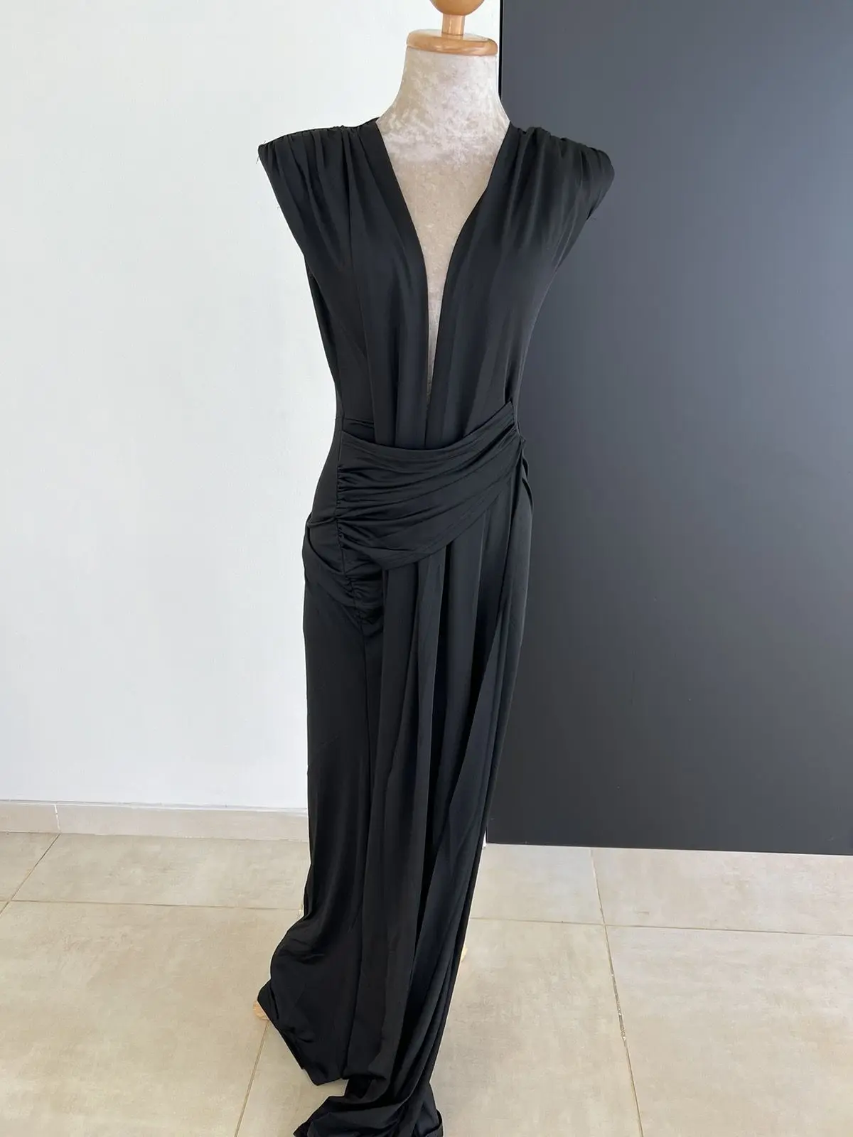 Deep V-Neck Draped Evening Gown