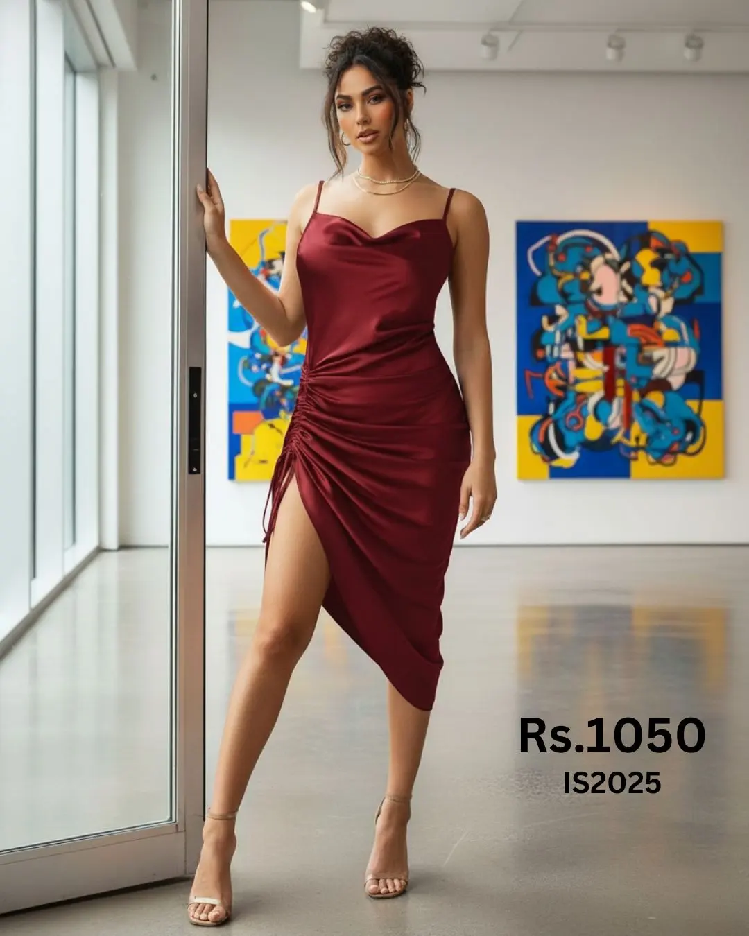 Asymmetrical Drawstring Ruched Satin Dress