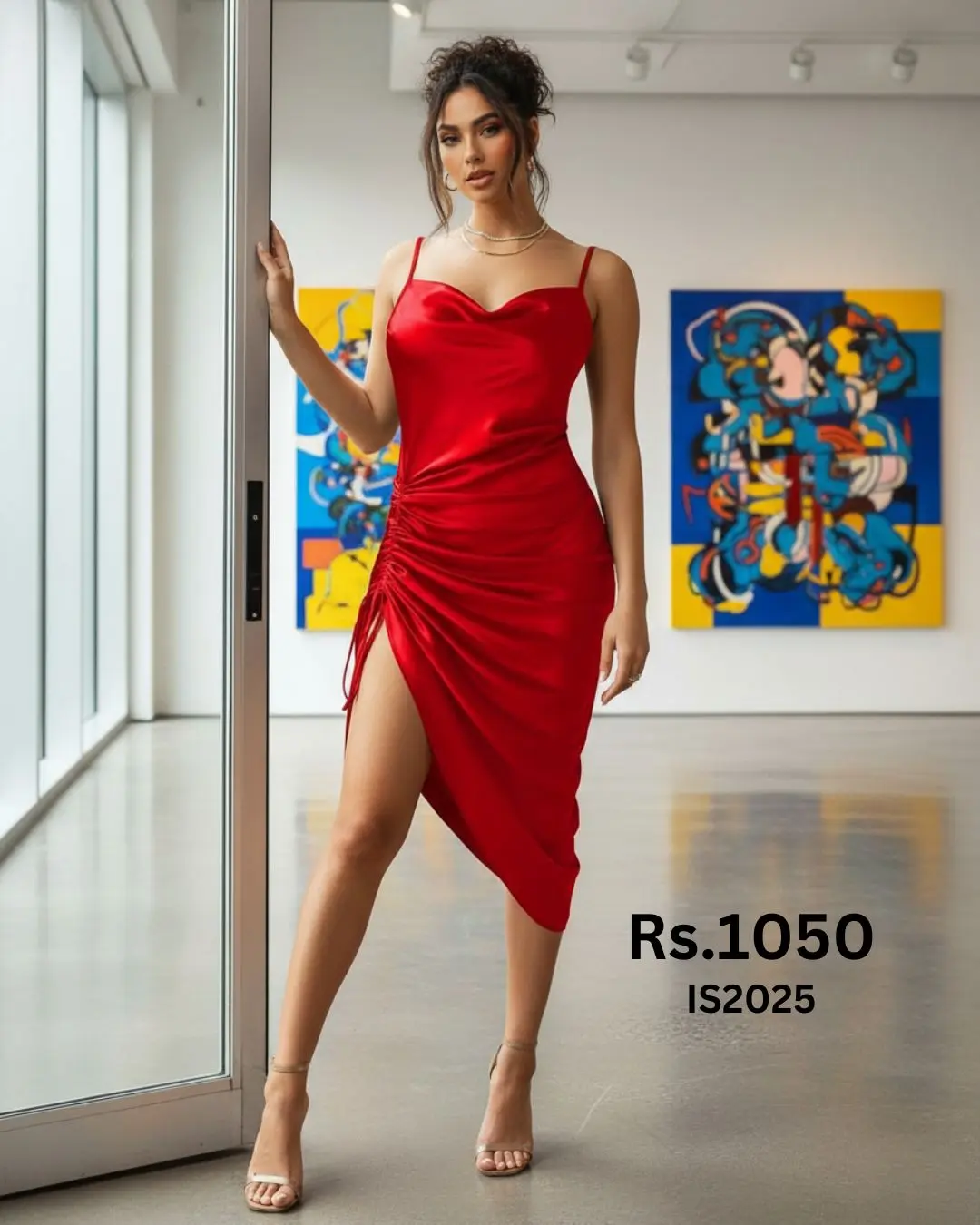 Asymmetrical Drawstring Ruched Satin Dress