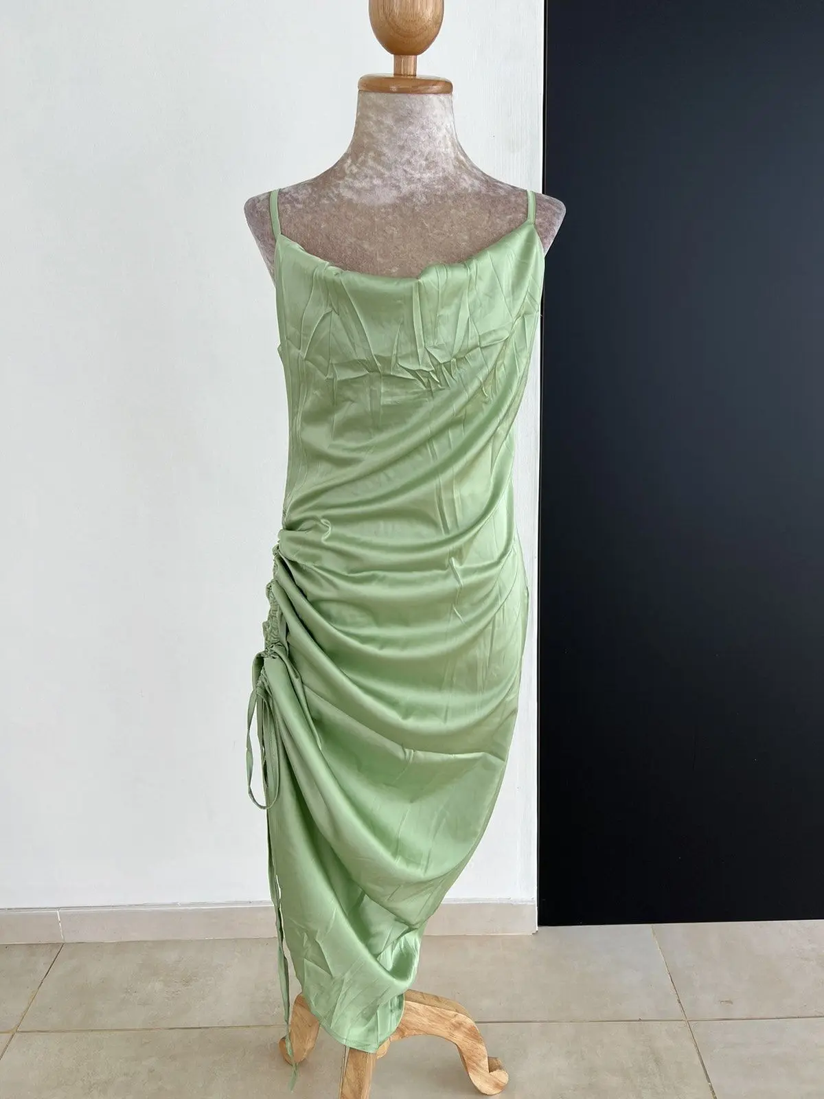 Asymmetrical Drawstring Ruched Satin Dress