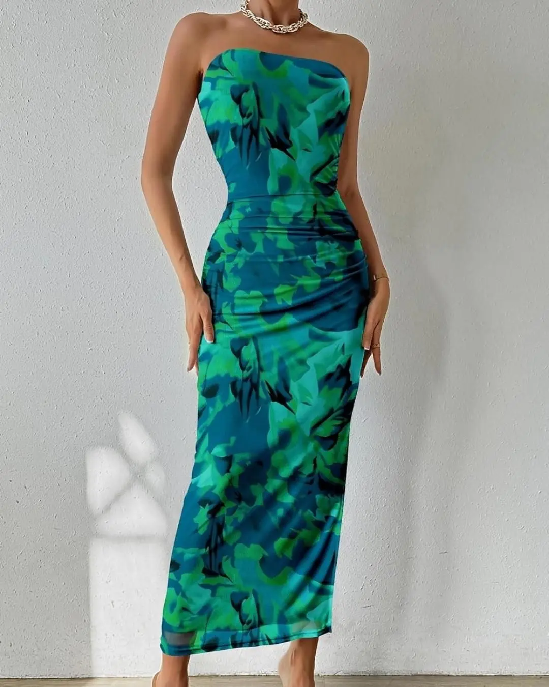 Strapless Marble Print Midi Dress