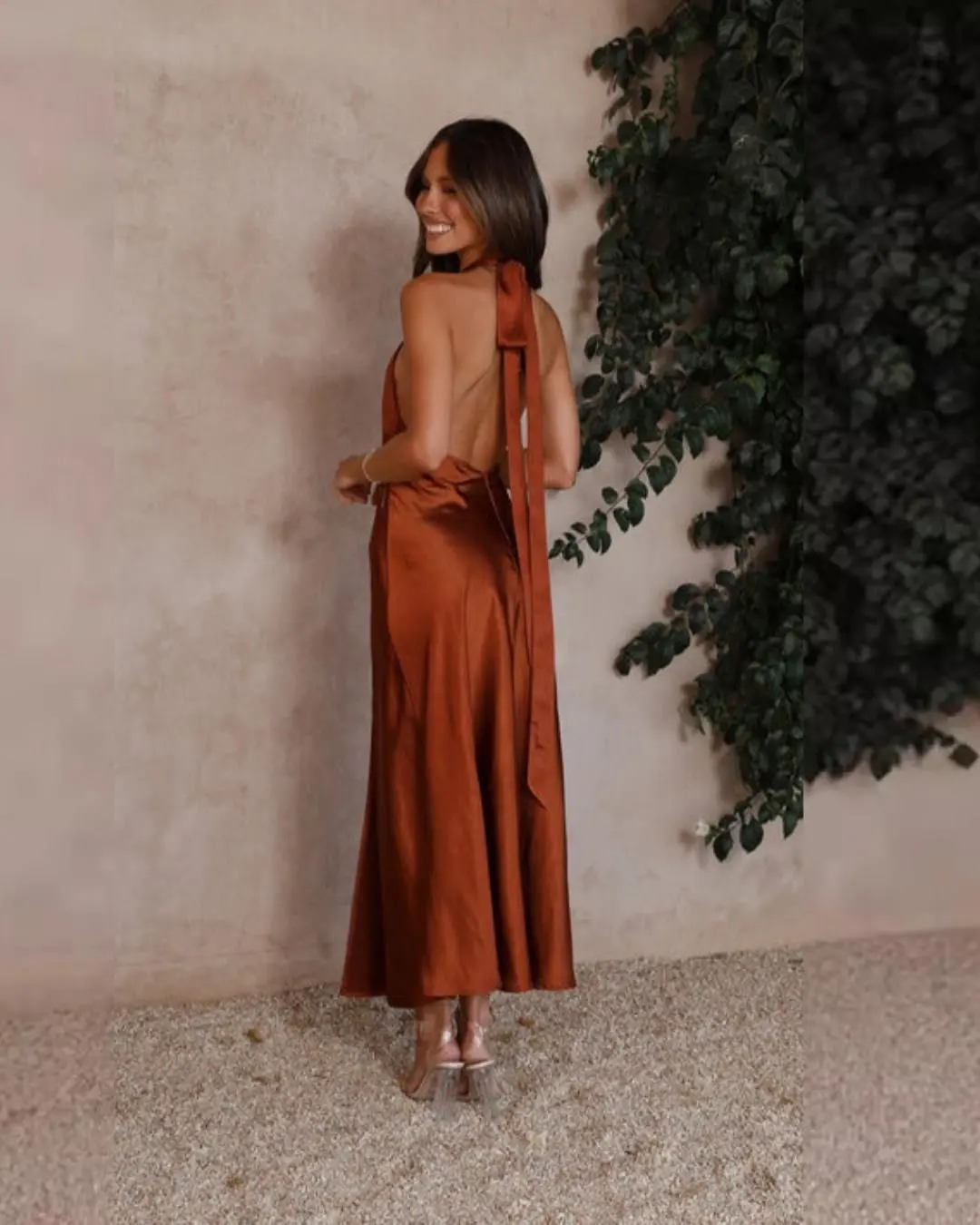 Halter Neck Satin Slit Dress