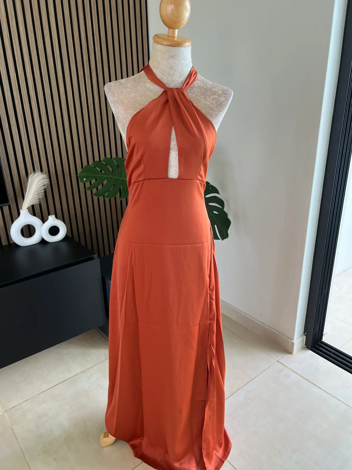 Halter Neck Satin Slit Dress