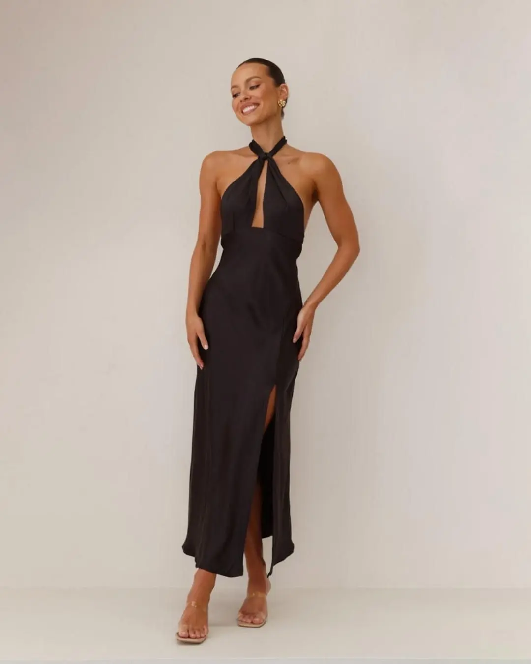 Halter Neck Satin Slit Dress