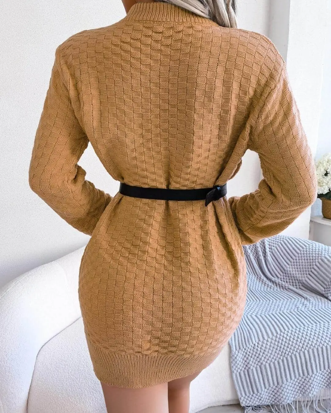 Chic Knit Belted Sweater Dress