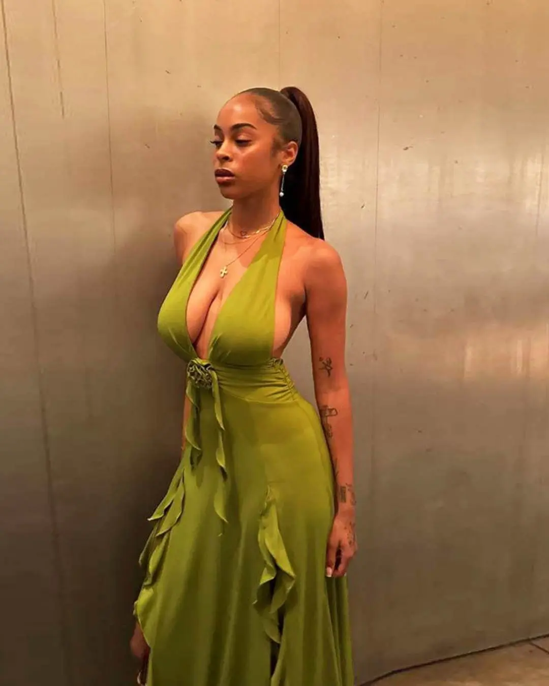 Green Deep V Halter Dress