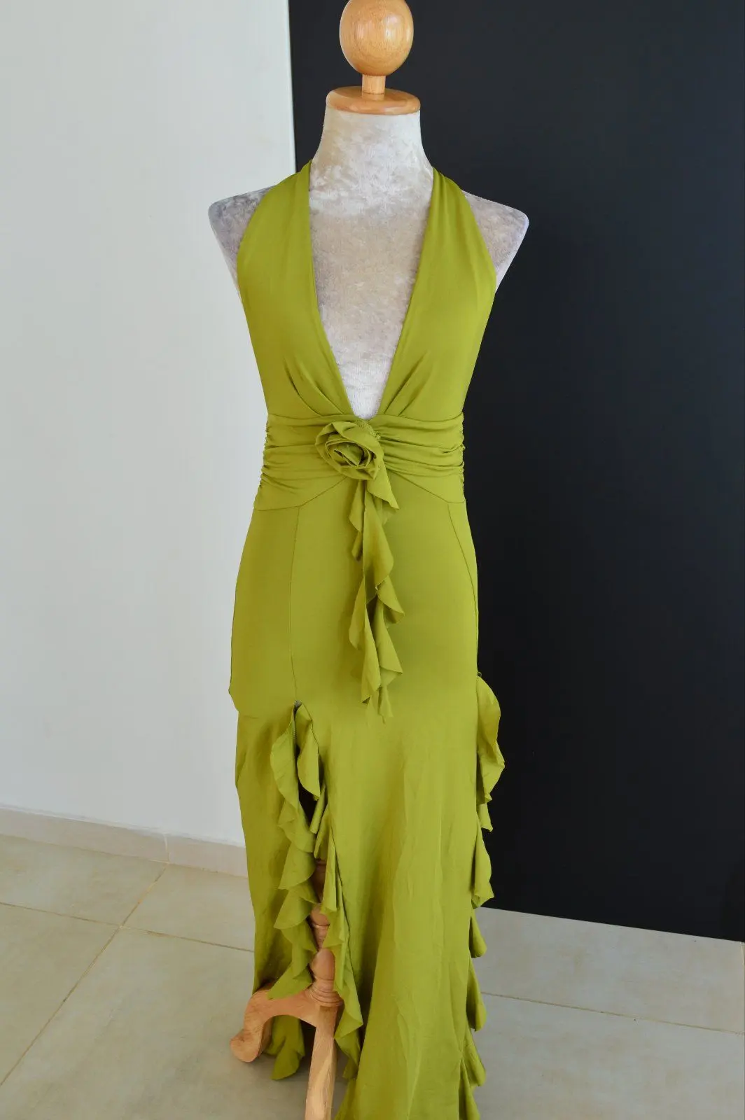 Green Deep V Halter Dress