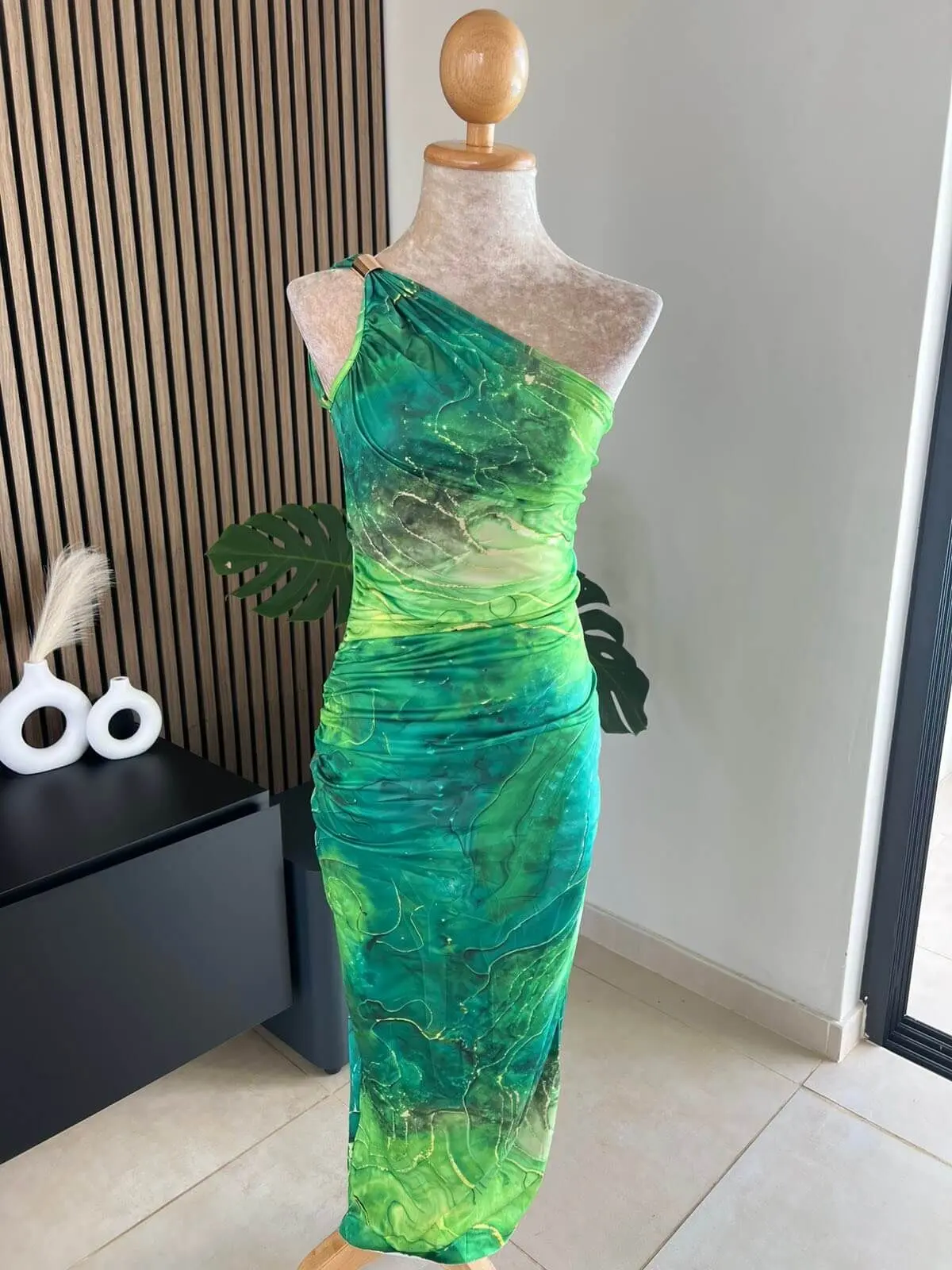 Green Marble One-Shoulder Dress