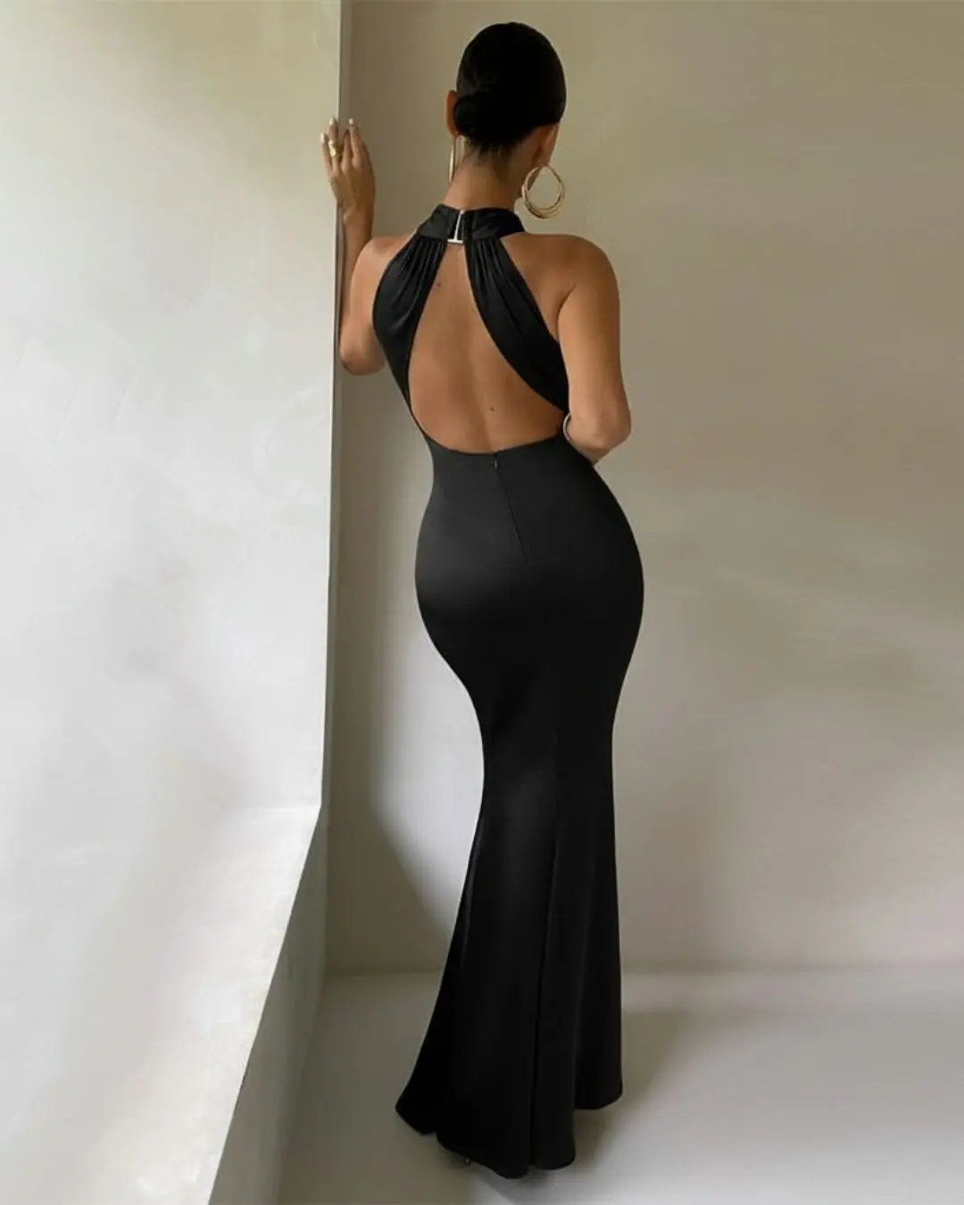 Open Back Halter Neck Long Satin Dress