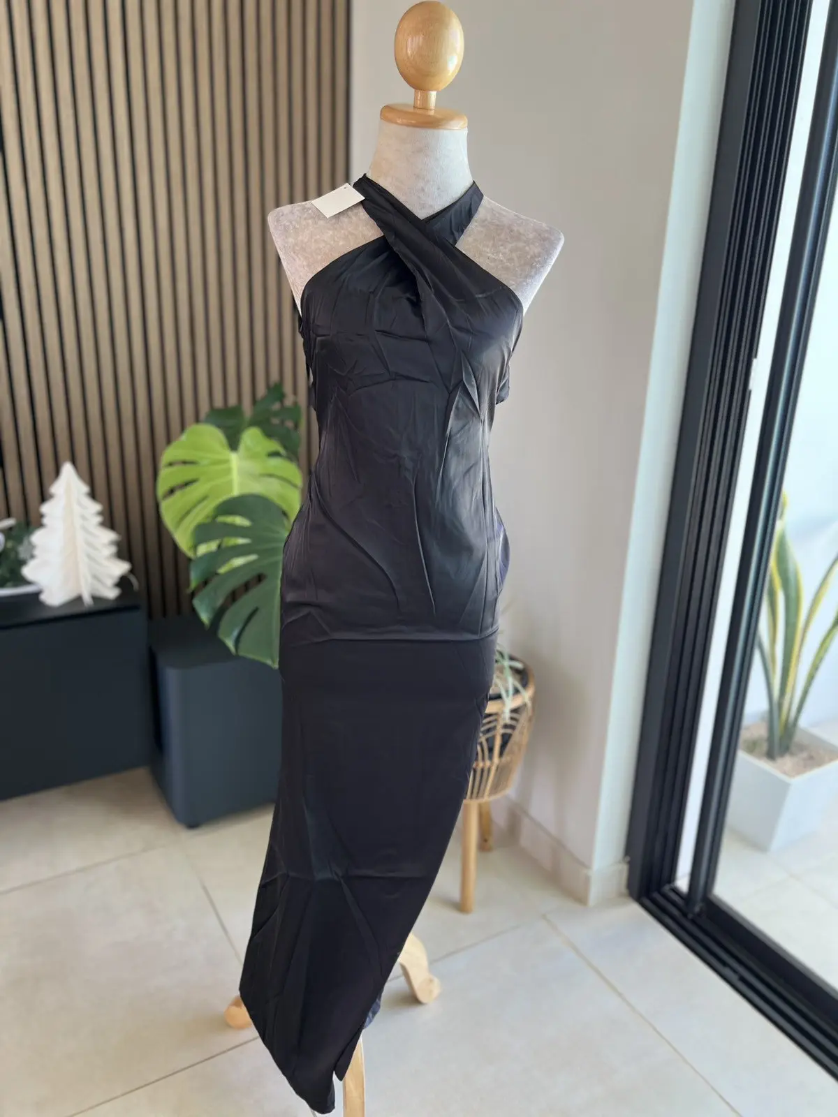 Open Back Halter Neck Long Satin Dress