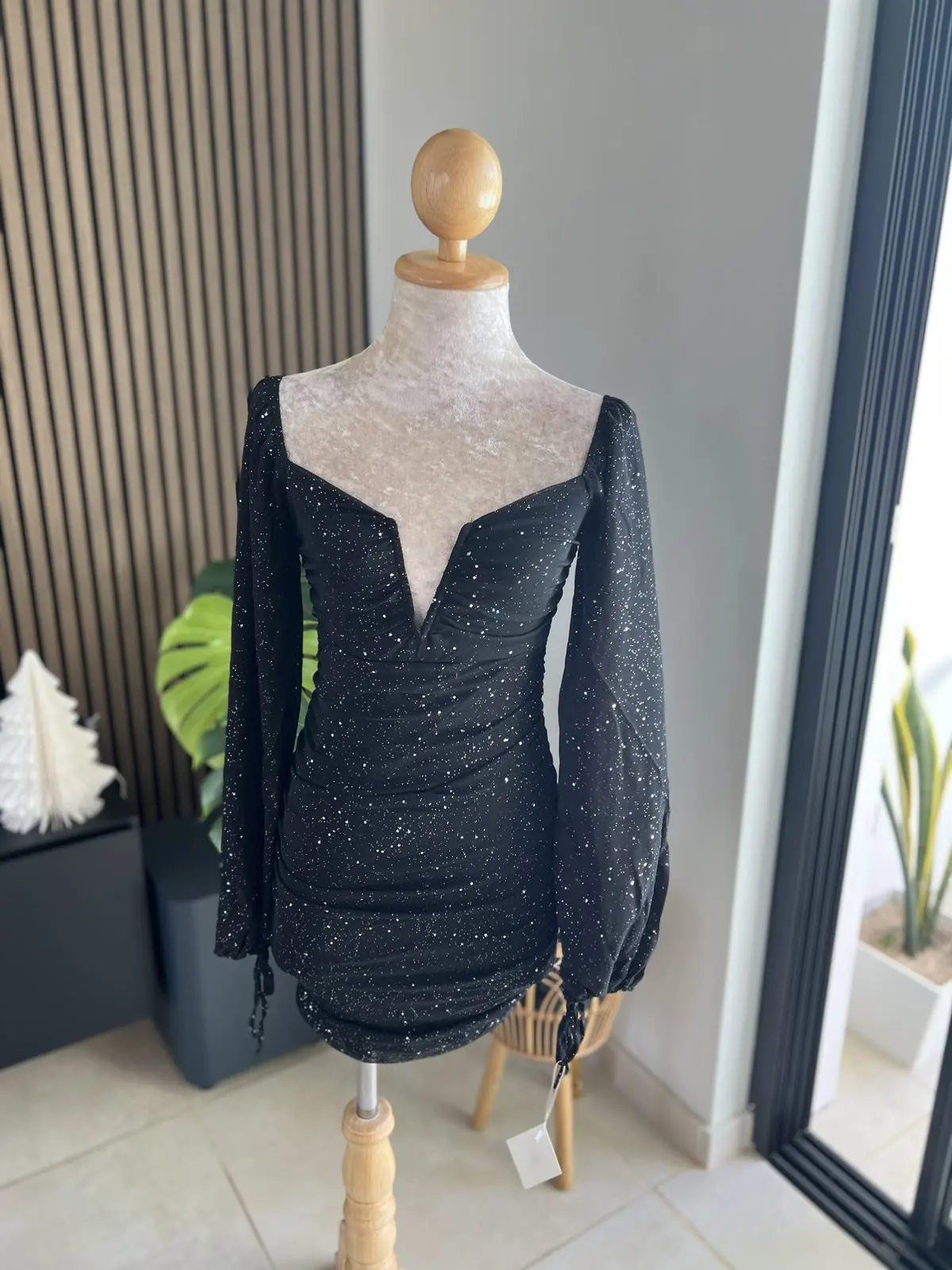Deep V-Neck Long Sleeve Bodycon Dress