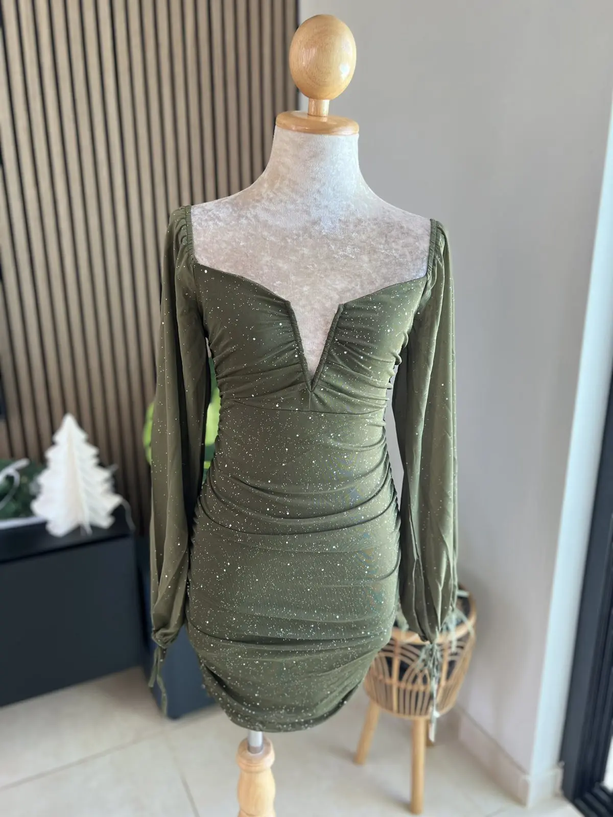Deep V-Neck Long Sleeve Bodycon Dress