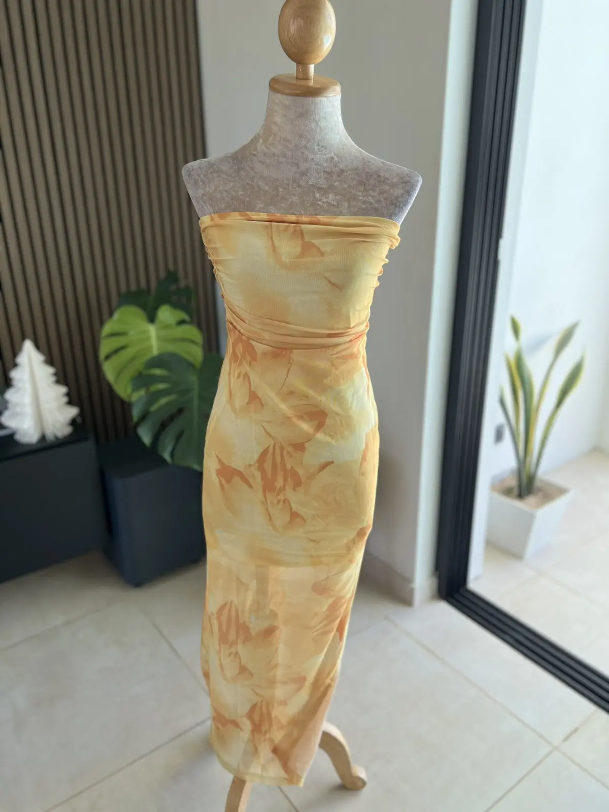 Tie Dye Strapless Summer Dress with Slit