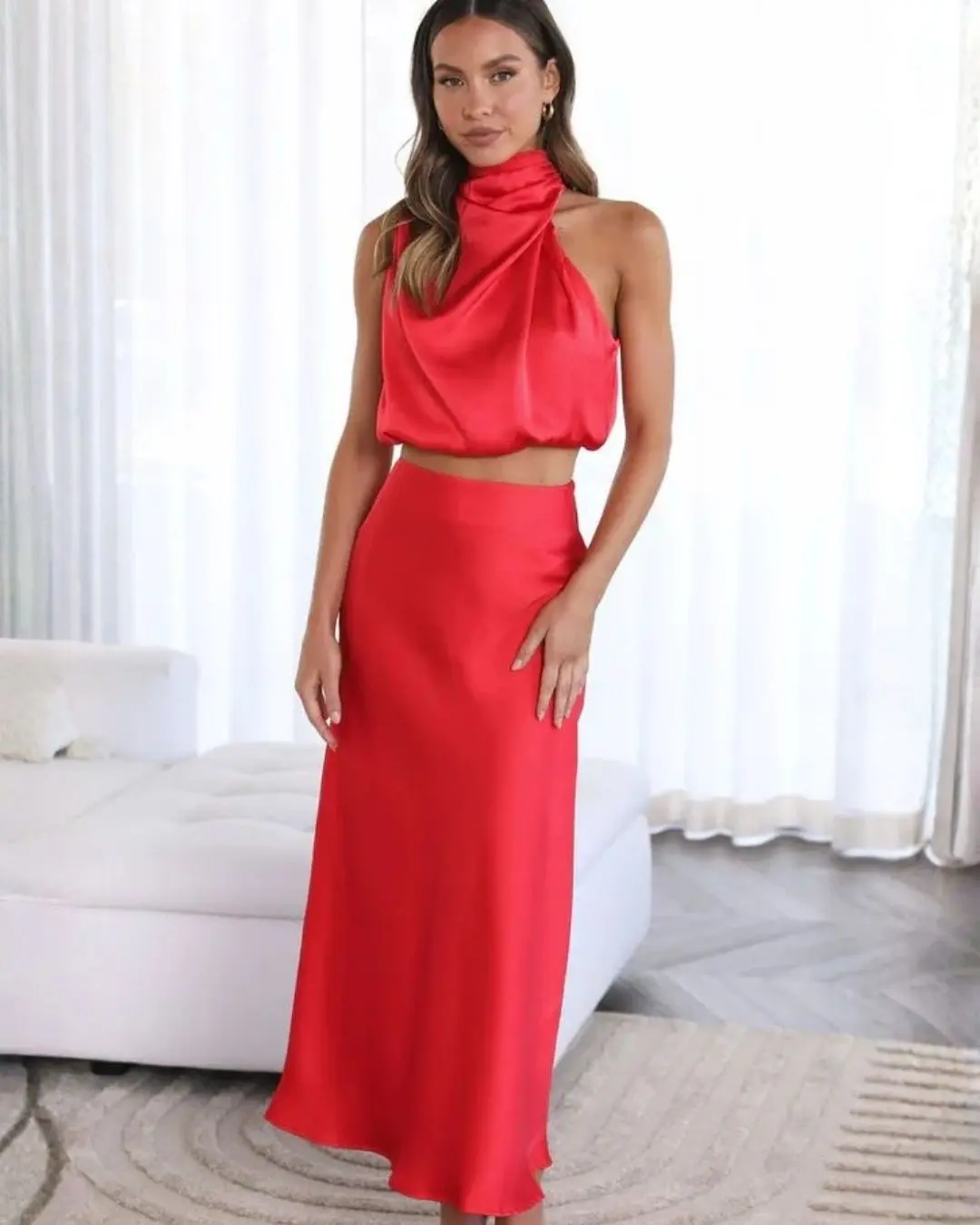 2pcs Silk Turtleneck top and Skirt Set