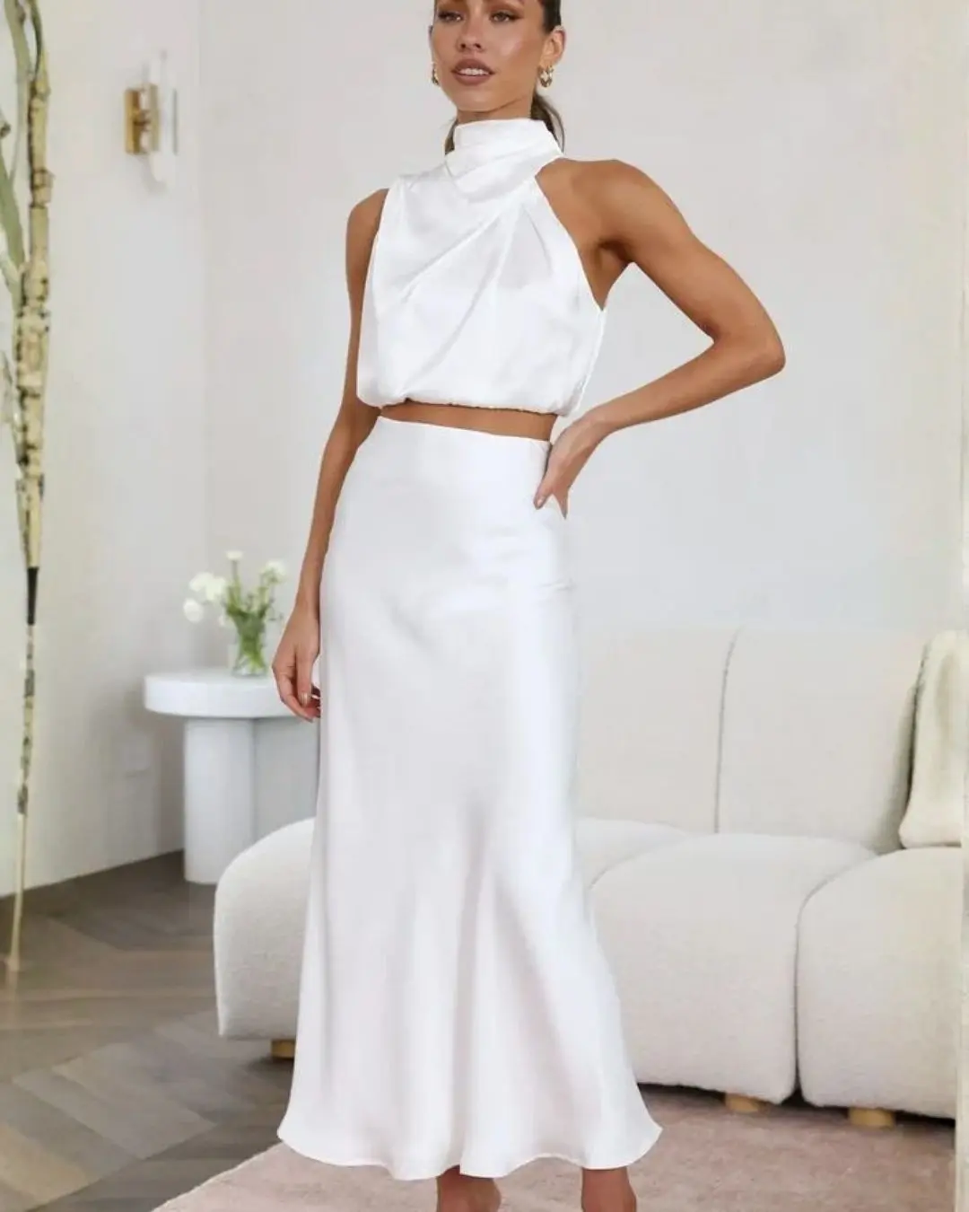 2pcs Silk Turtleneck top and Skirt Set