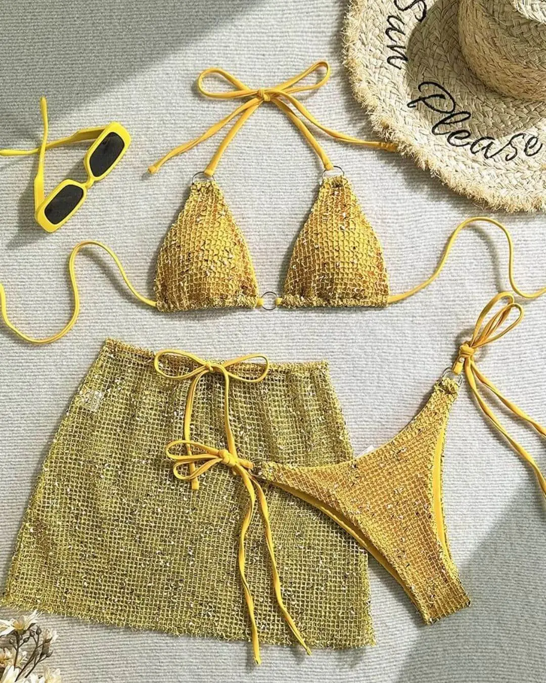 3pcs Mesh Sequin Skirt Bikini Set