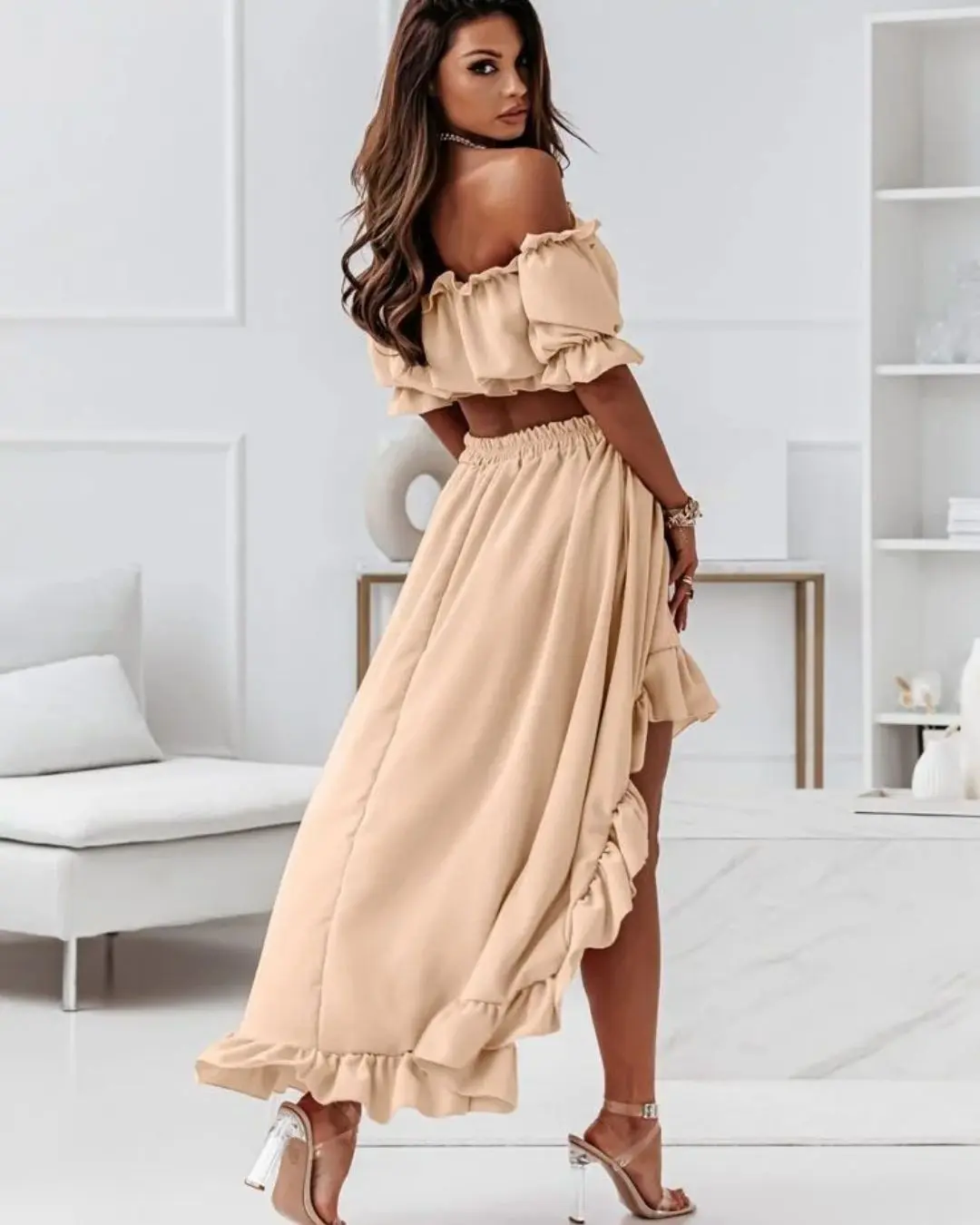 Off Shoulder Ruffle Top and Skirt Set