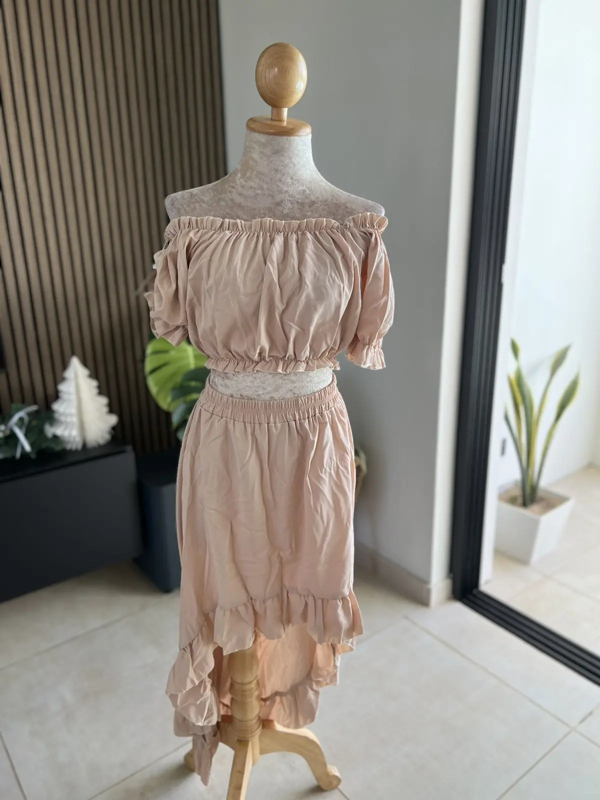 Off Shoulder Ruffle Top and Skirt Set