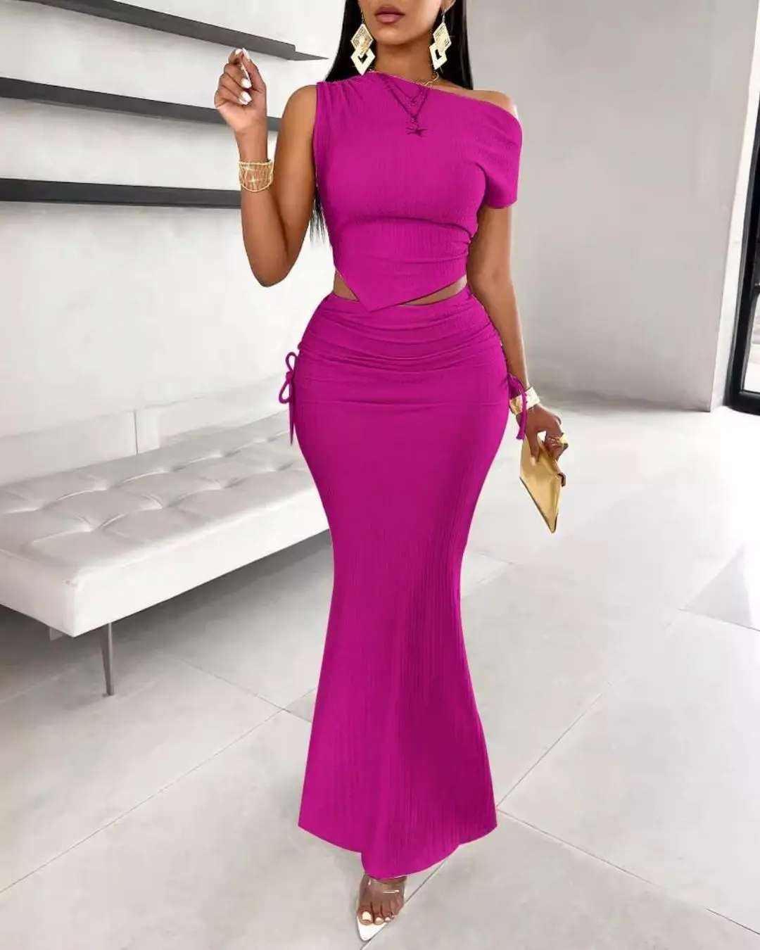 Elegant One-Shoulder Top and Skirt Set