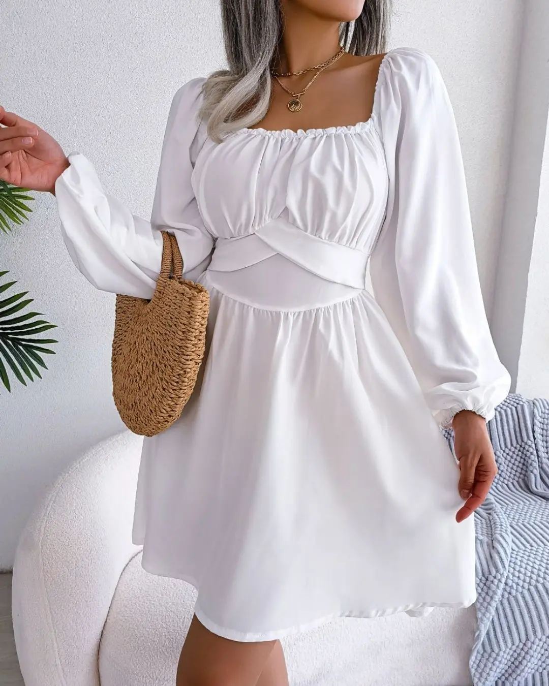Square Neck Long Sleeve Dress