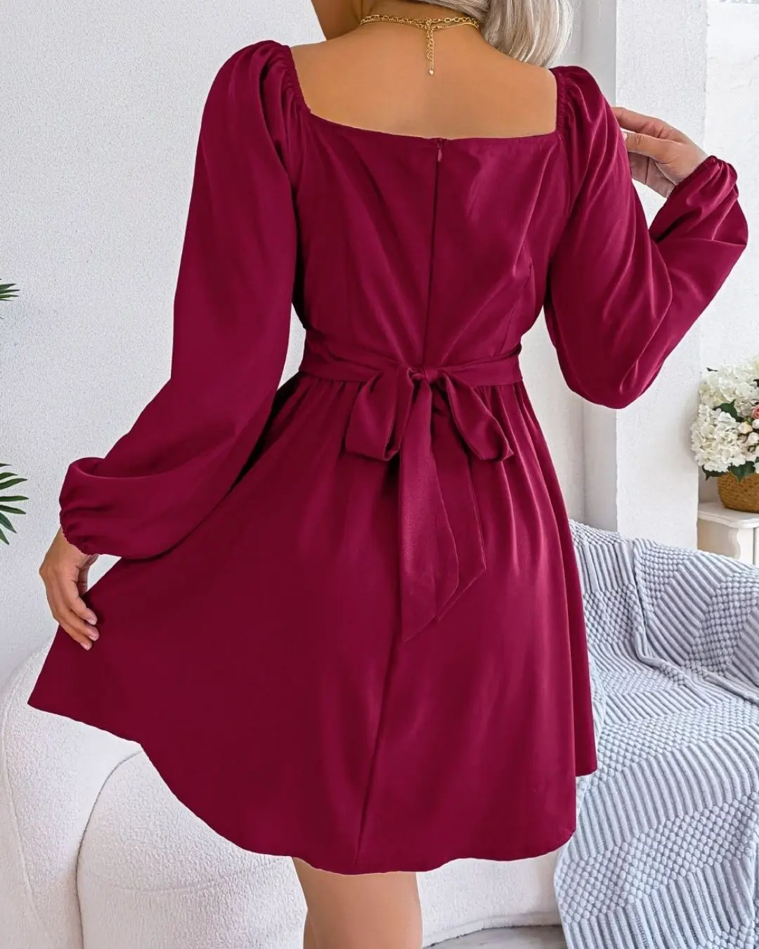 Square Neck Long Sleeve Dress