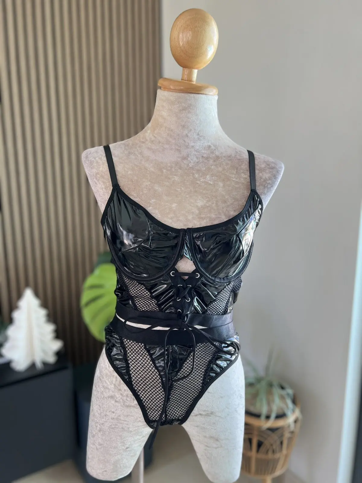 PU Leather Fishnet Lingerie