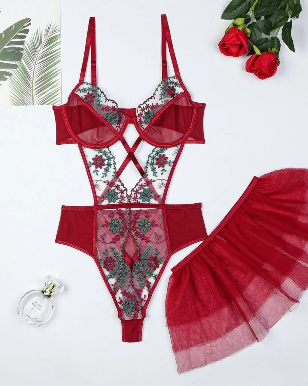 Burgundy Floral Embroidery Lingerie Bodysuit