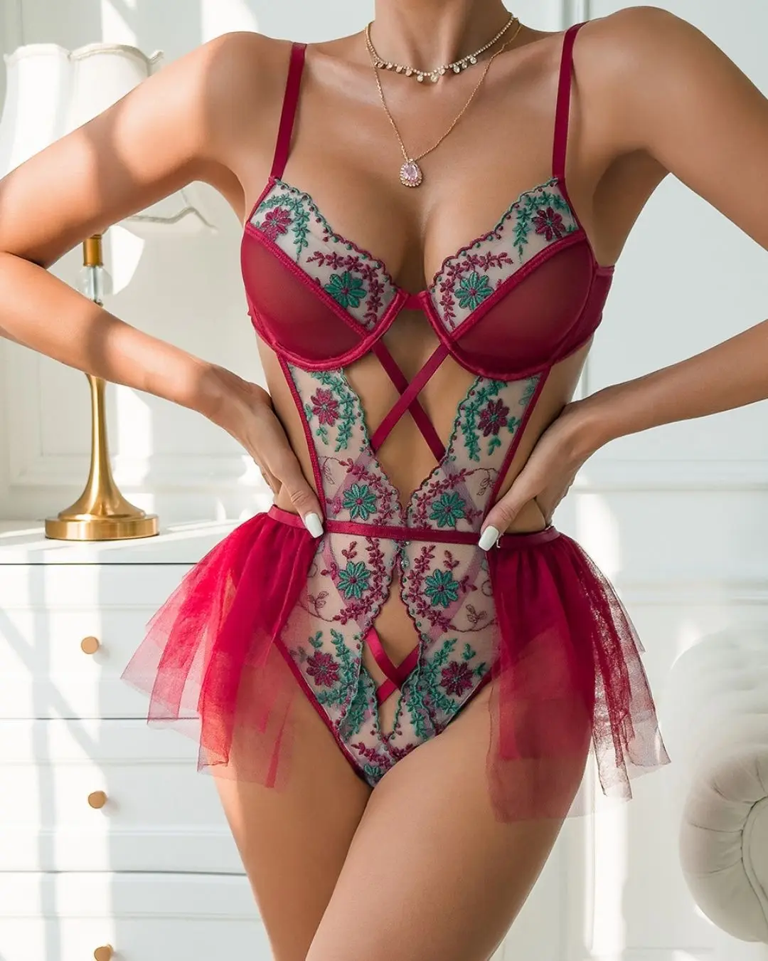 Burgundy Floral Embroidery Lingerie Bodysuit