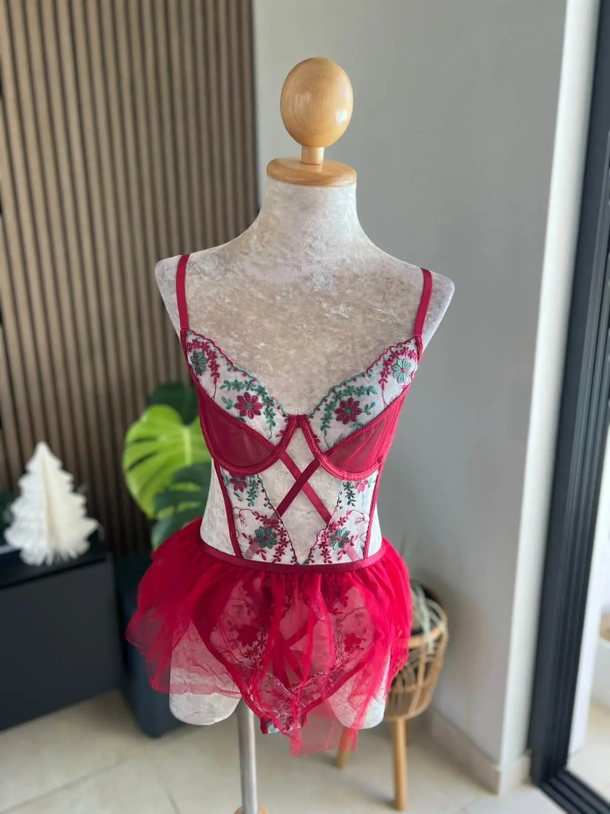 Burgundy Floral Embroidery Lingerie Bodysuit