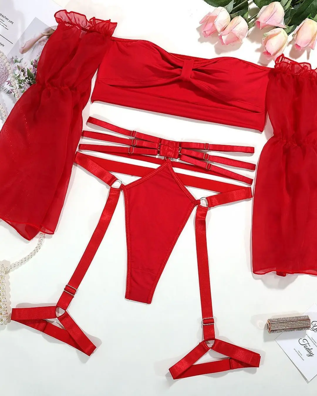 Red Sleeve Lingerie Set